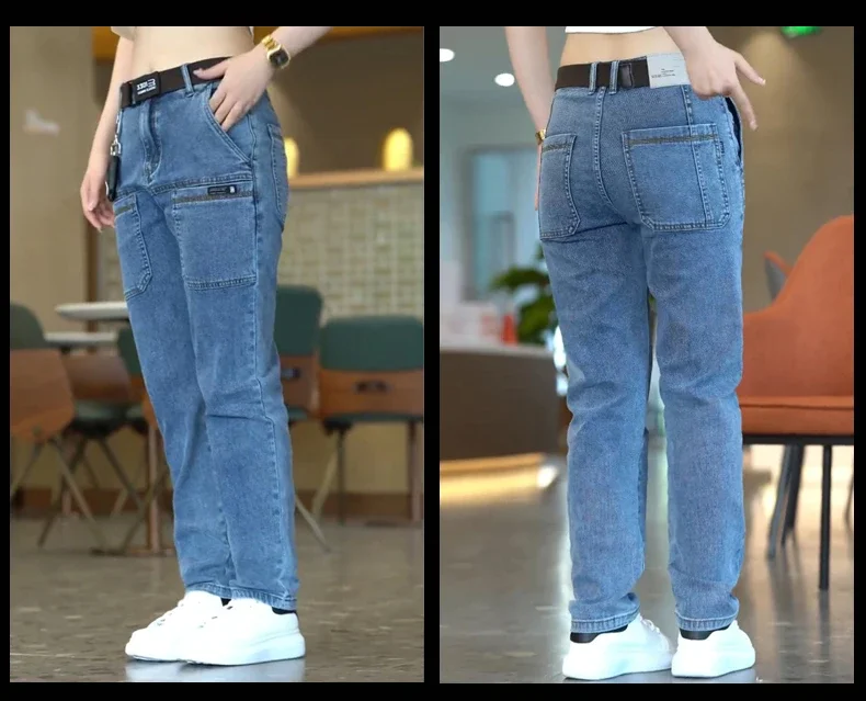 2024 New Korean Men Skinny Jeans Y2k Vintage Blue Cargo Denim Pants Pockets Man Casual Streetwear Jeans Trousers Clothing