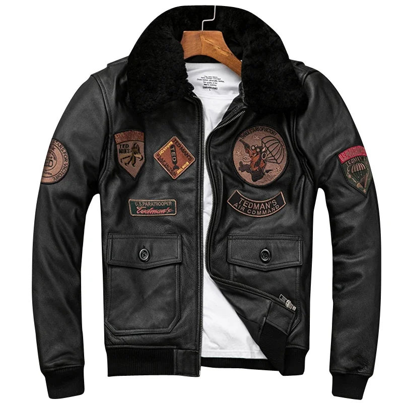 

Detachable Natural Fur Collar Genuine Cowhide Men Leather Jacket Patches Flight Air Force Pilot Coat Winter Bomber