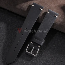 Vintage Oil Wax Handmade Cowhide Watch Band Strap - Premium Stitching Leather Wristband in Multiple Sizes - 18mm (Black)