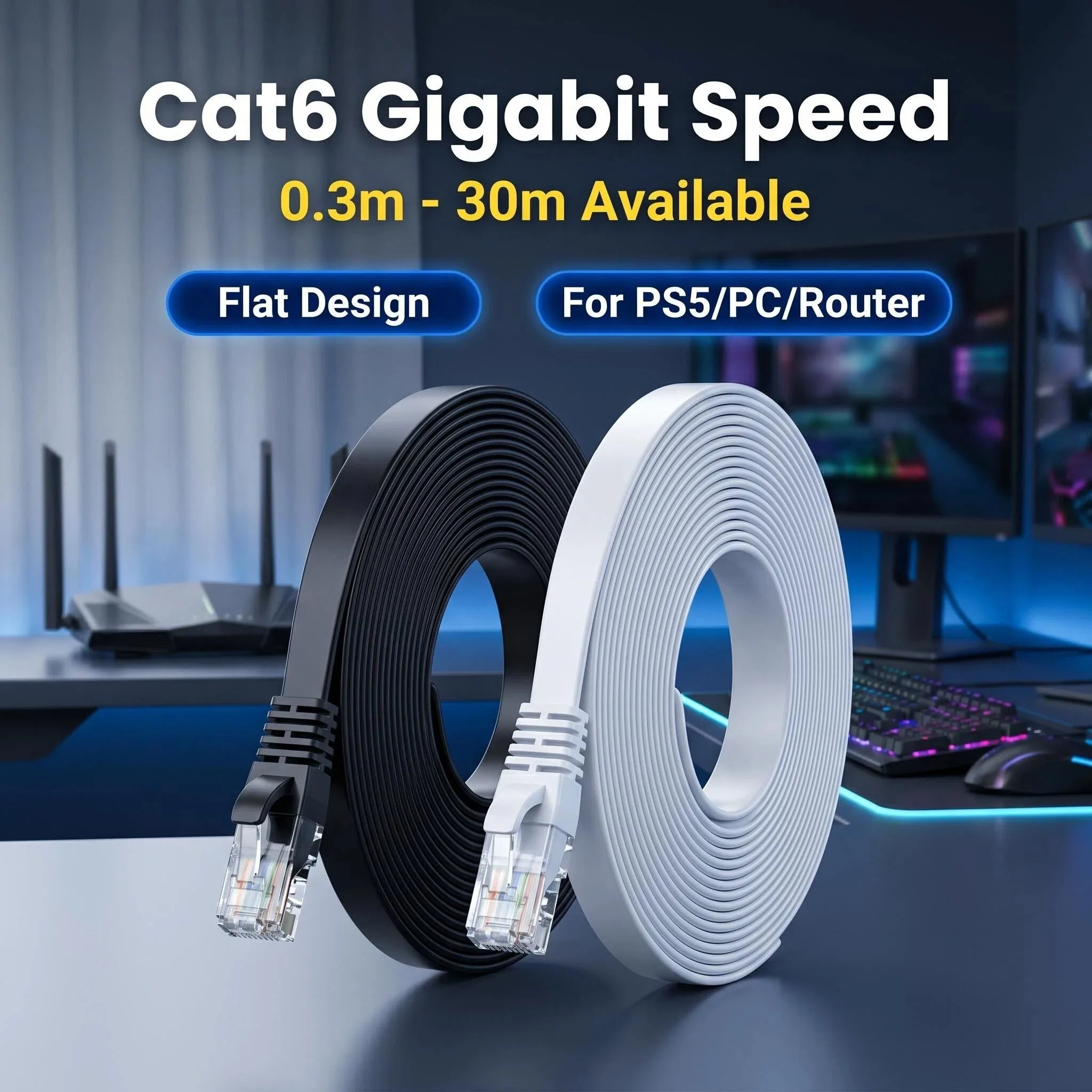 Enhanced High-Speed Cat6 Flat Ethernet Cable – Multiple Lengths Available