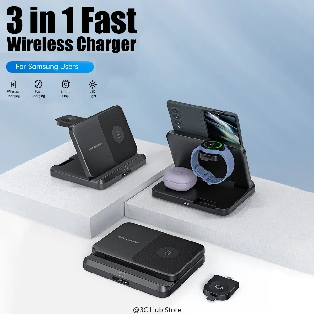 삼성 Galaxy Z Fold 5 4 3 S23 용 접이식 무선 충전기 스탠드 Galaxy Watch 6 Buds2 용 초고속 충전 도킹 스테이션