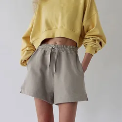 Vintage Chic Cotton Shorts Pocket Tie-Up Pant Women'S Casual Solid Color Shorts Elastic High-waisted Running Gym Fitness Sports