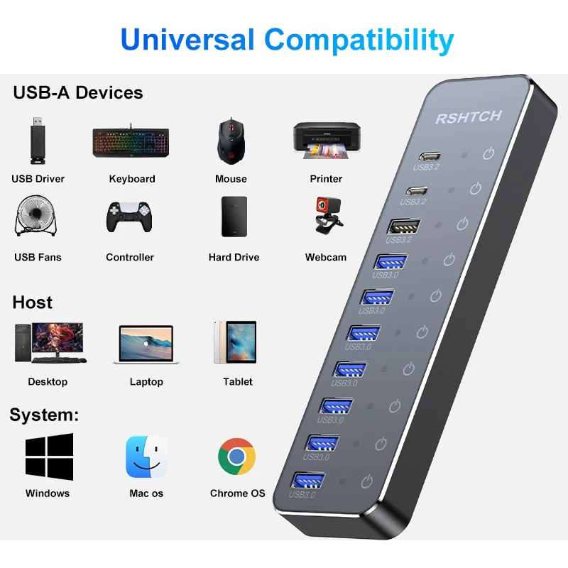 RSHTECH USB C Hub Splitter Individual Touch Switches with 10Gbps USB-A & 2 USB-C Data Ports 7 USB-A 3.0 Ports for Macbook Laptop 6