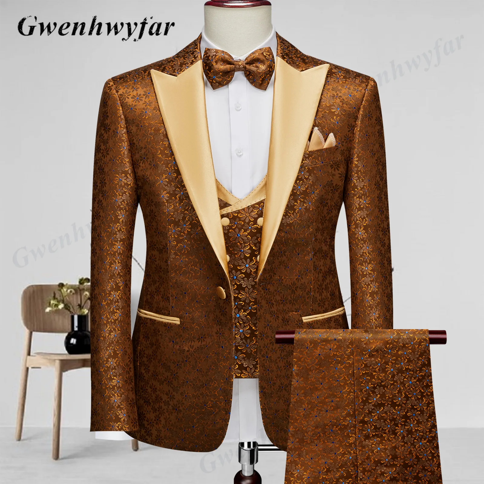 Gwenhwyfar High Quality Men Print Suits 2022 Custom Made Royal Blue Beauty Face Pattern Tuxedo for Groom Wedding Wear Formal men blazer Suits & Blazer