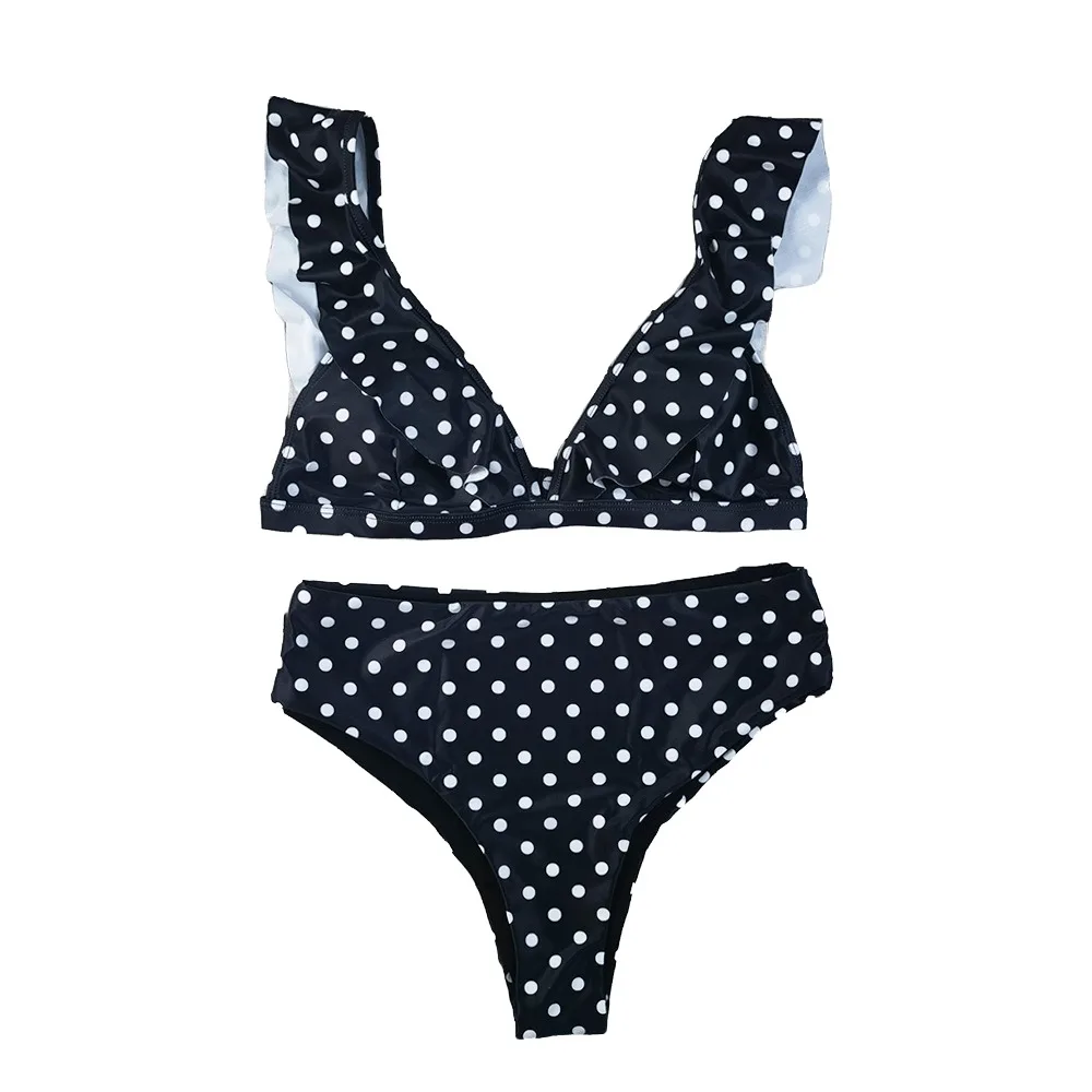 Color blocked polka dot V-neck ruffled high waisted sexy swimsuit set