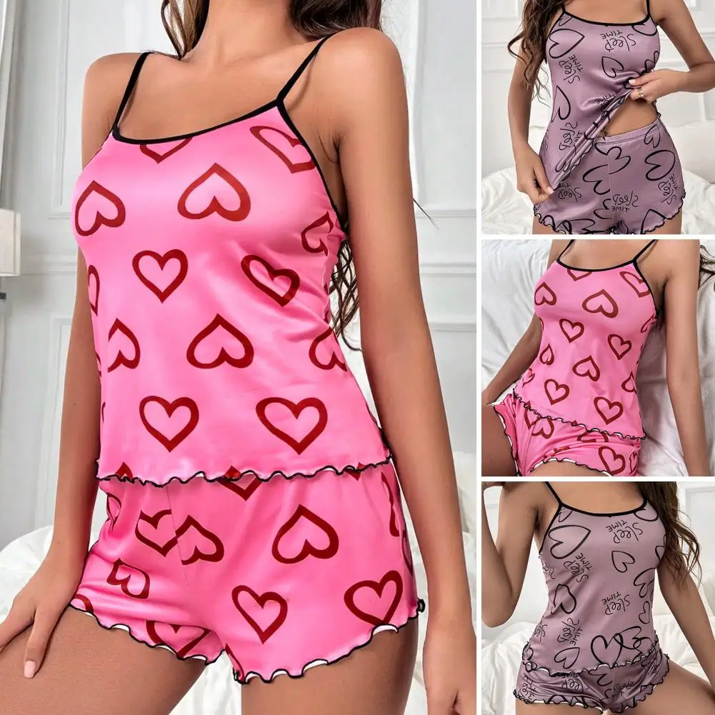 

Printed Top Shorts Set Women's Heart Print Pajama Set with Shirring Sleeveless Top Elastic Waist Shorts Soft Silky for Ladies