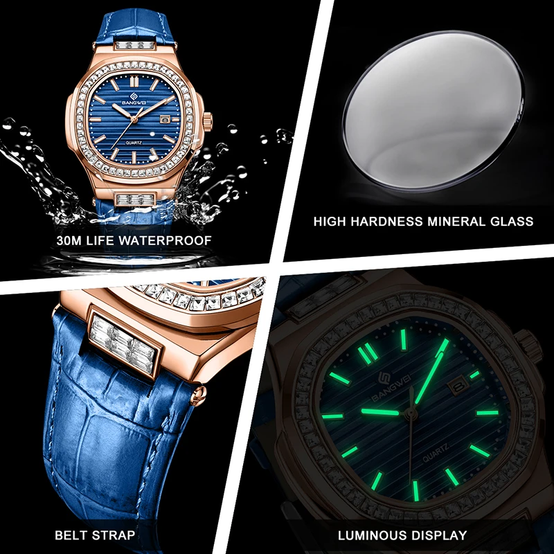 BANGWEI Top Brand Luxury Women Watch Fashion Elegant Waterproof Luminous Watch For Women Simple Square Ladies Quartz Watches