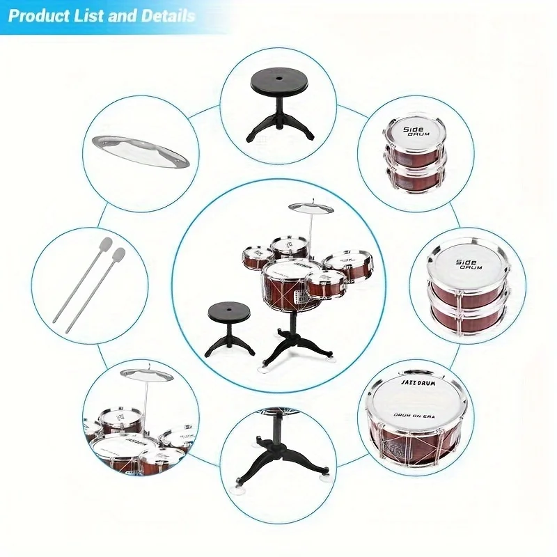 Kids Drum Set Musical Toy Drum Kit for Toddlers Jazz Drum Set with Stool, 2 Drum Sticks, Cymbal and 5 Drums Musical Instruments 3