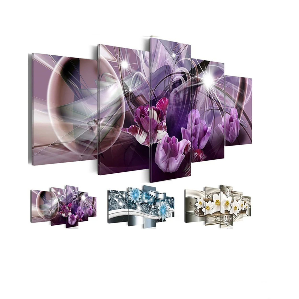 

5 Panels Abstract Flowers Purple Oil Pictures Living Room Decoracion Canvas Paintings Wall Art No Frame