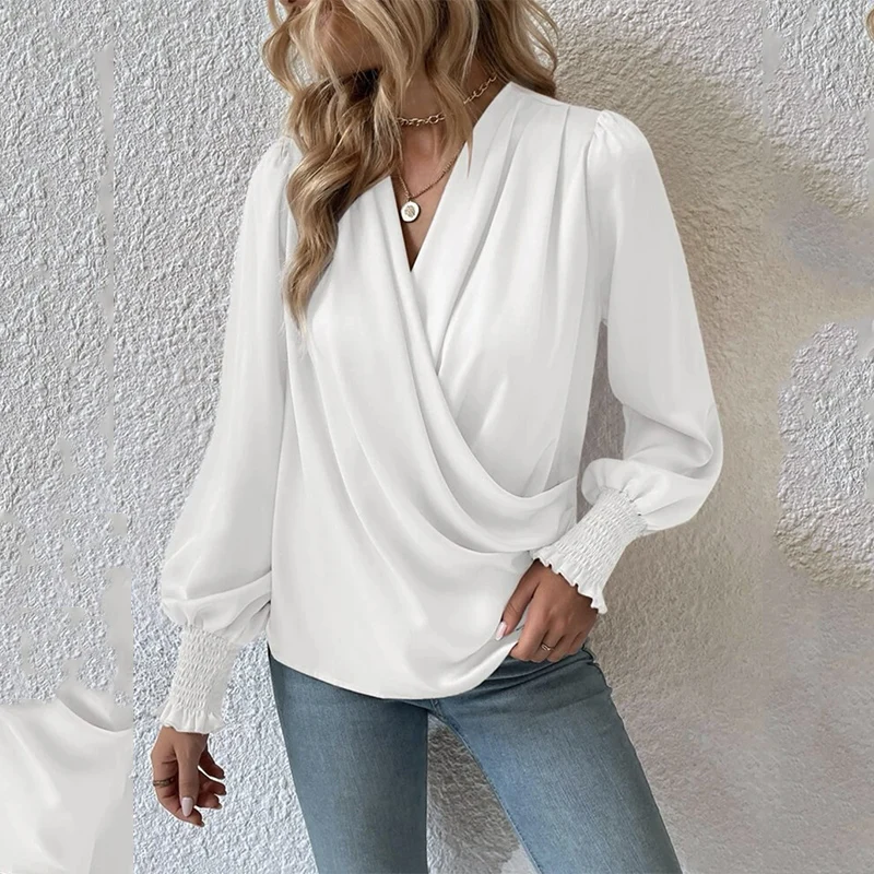 EZwear Women's Spring/Summer Solid Color Pleated Long Sleeve Cropped Shirt