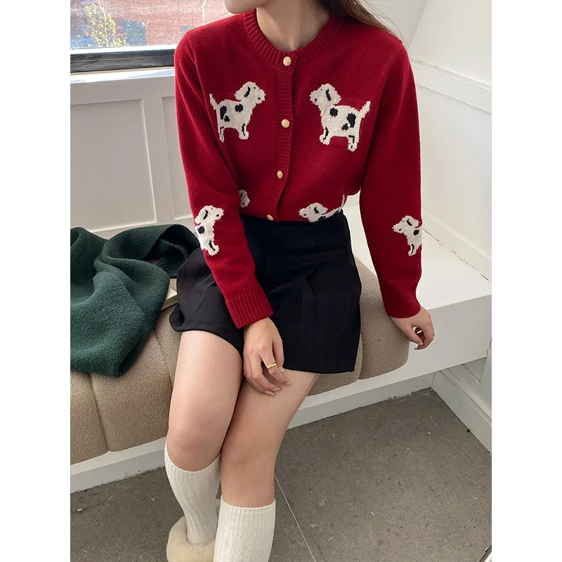 

Autumn Winter Jacquard Cartoon Knitted Cardigan Women Single Breasted Round Neck Long Sleeve Sweater Coat