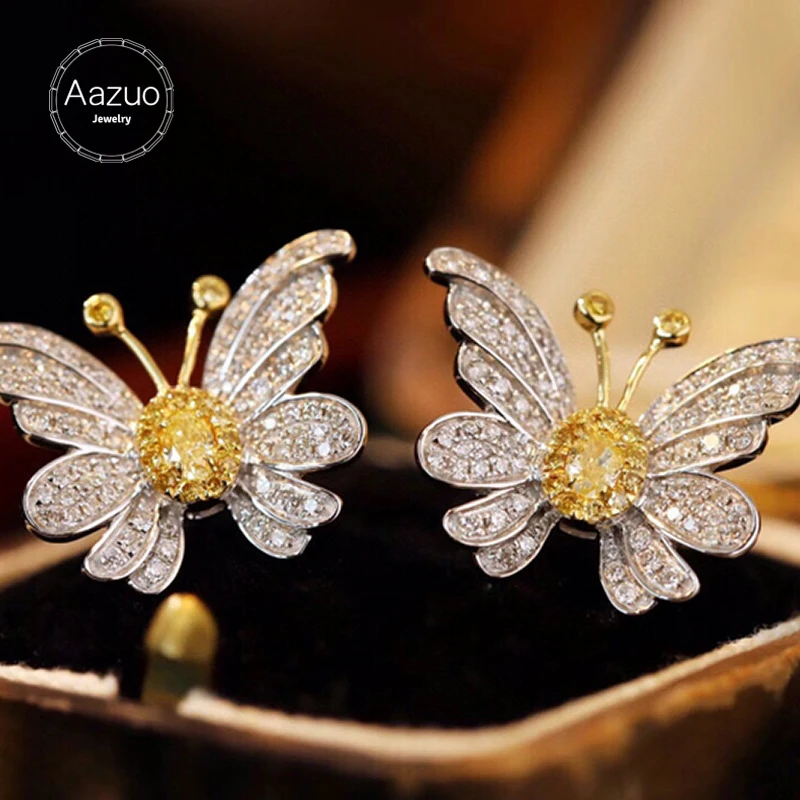 Aazuo 18K Fine Jewelry White&Yellow Diamonds Animal Butterfly Stud Earring Gifted For Women Wedding Party Chain Real Gold Au750