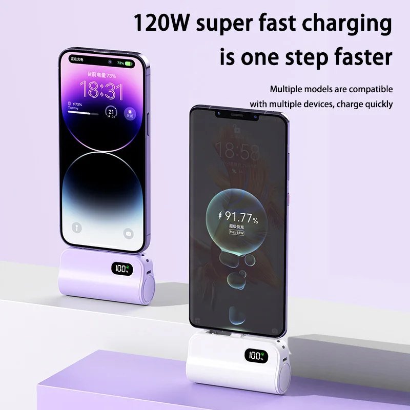 50000mah Capsule Power Bank 120w Hidden Dual Interface Compact Portable Mobile Power Bank Mini Fast Charging For Iphone Samsung 3