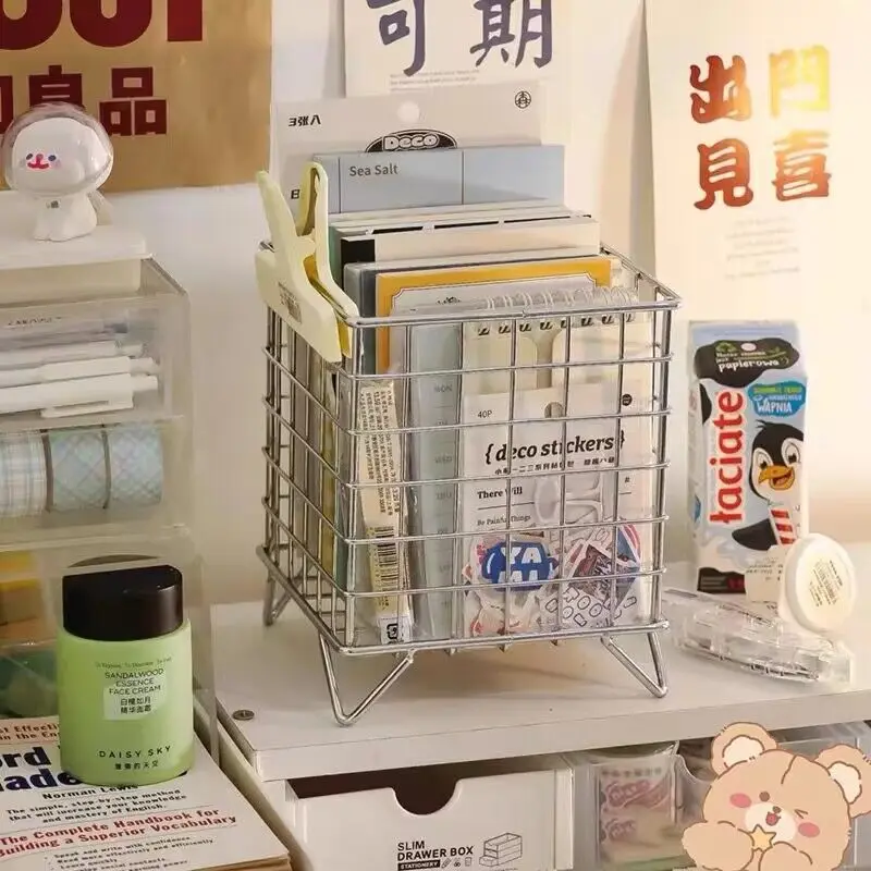 Desktop Storage Basket MINKYS INS Nordic Iron Desktop Storage Basket Office Cosmetics Makeup Storage Box Stationery Rack Desk Organizer