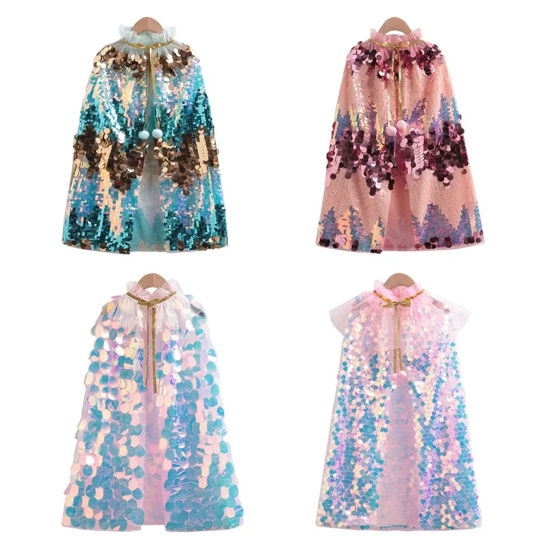 

2024 New Girl Princess Mesh Cloak Children Cartoon Shawl Colorful Sequins Dress Up Princess Cloak