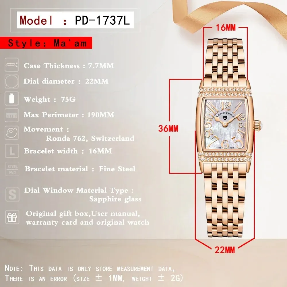 PAGANI DESIGN nowe 22mm damskie zegarki kwarcowe luksusowy zegarek rekreacyjny ze szkła szafirowego 50M wodoodporny zegarek ze stali nierdzewnej dla kobiet