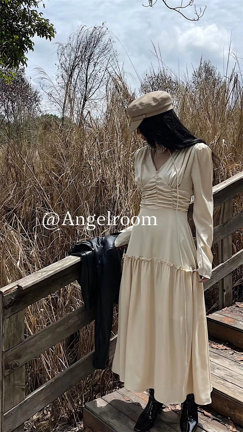 Autumn Satin Midi Dresses for Women Long Sleeve V-neck Folds Design A-line Korean Fashion Office Lady One Piece Vestidos New