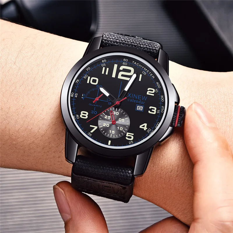Men Big Brand XINEW Watches Fashion Nylon Band Simple Military Sports Date Quartz Vintage Watch Black Relogios Masculinos 2024