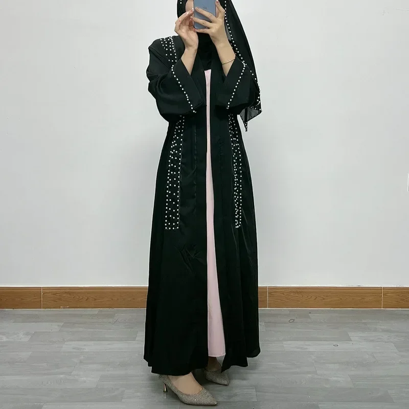 Women Eid Muslim Open Abaya Long Sleeve Dubai Cardigan Diamonds Abayas Kaftan Vestidos Arab Modest Belt Long Robe Pearls Loose