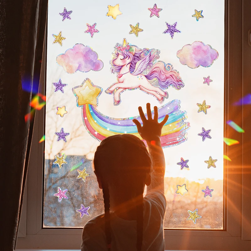 T827#Rainbow Unicorn Star Stickers Colorful Sunlight Electrostatic Stickers Window Glass