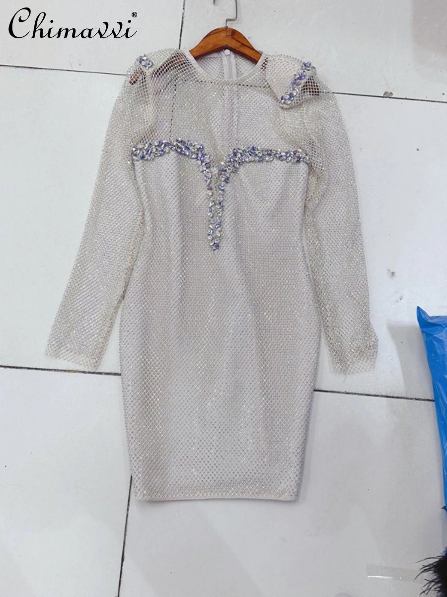 

Sexy Long Sleeve High-End Gentle Party Performance Dress Autumn New Light Luxury Beaded Slim Fit O-neck Short Feminine Dress