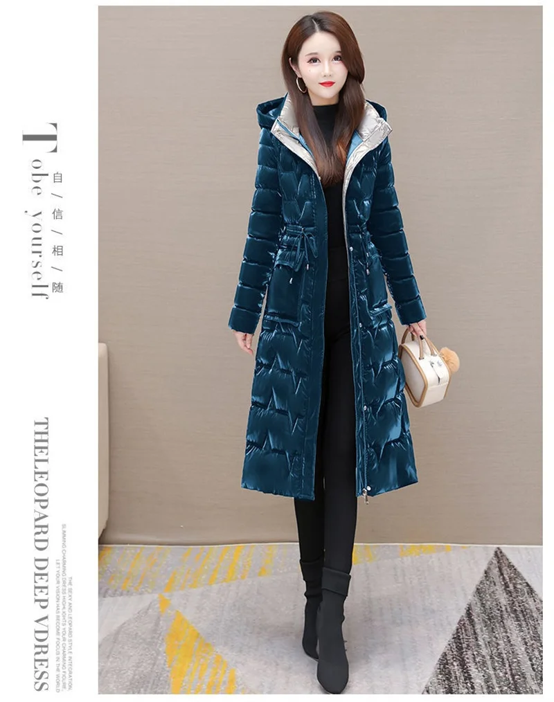 Thick Female Windproof Long Mother's Down Cotton Coat Women 2025New Winter Fashion Warm Slim Waist Wrapped Parkas Hooded Lace-Up