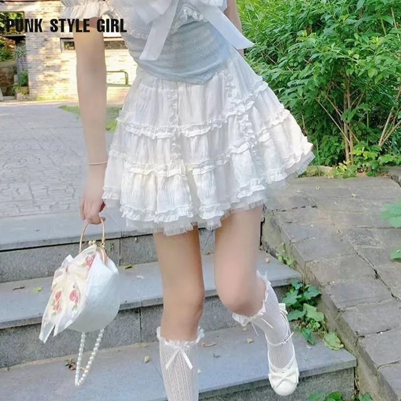 RSBFK Schattige strik kanten Cutecore A-lijn rok laagbouw mini rok geplooide rok met voering shorts, Blauw, XS
