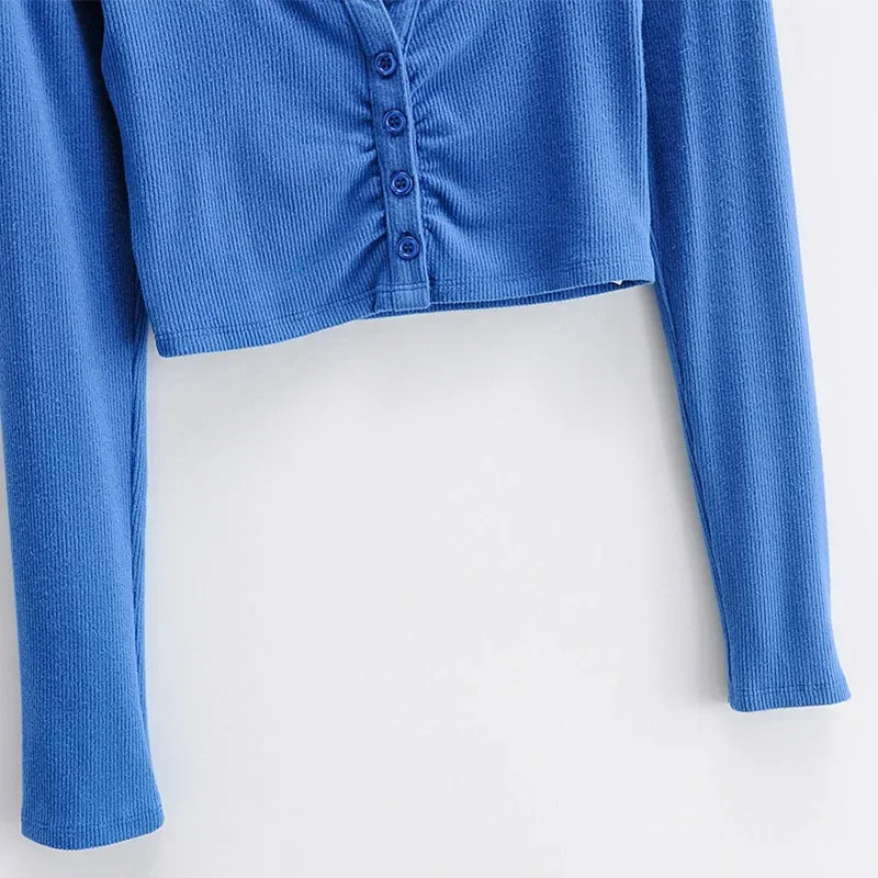 Slim V-neck Long Sleeve Bottomed Womens Tops And Blouses High Street Solid Color Open Navel Cardigan