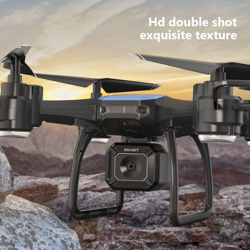 Vue rapprochée de la caméra 4K du drone JJRC H108, montrant l'objectif et le stabilisateur.