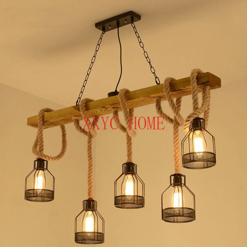 

5 Heads Loft Pendant Lamp Dining Room Restaurant Cafe Living Room Hemp Rope Wood Ceiling Chandelier Lighting Vintage Droplight