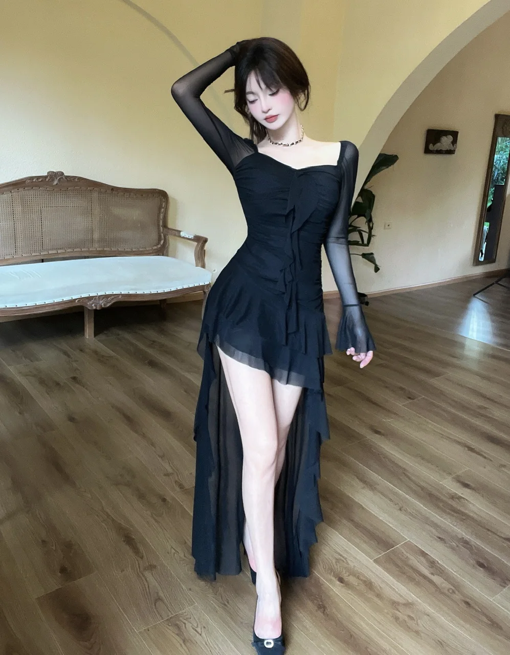 Vestido de fiesta de noche irregular Y2K de malla de manga larga con cuello cuadrado y volantes, corte en A, sexy, moda coreana