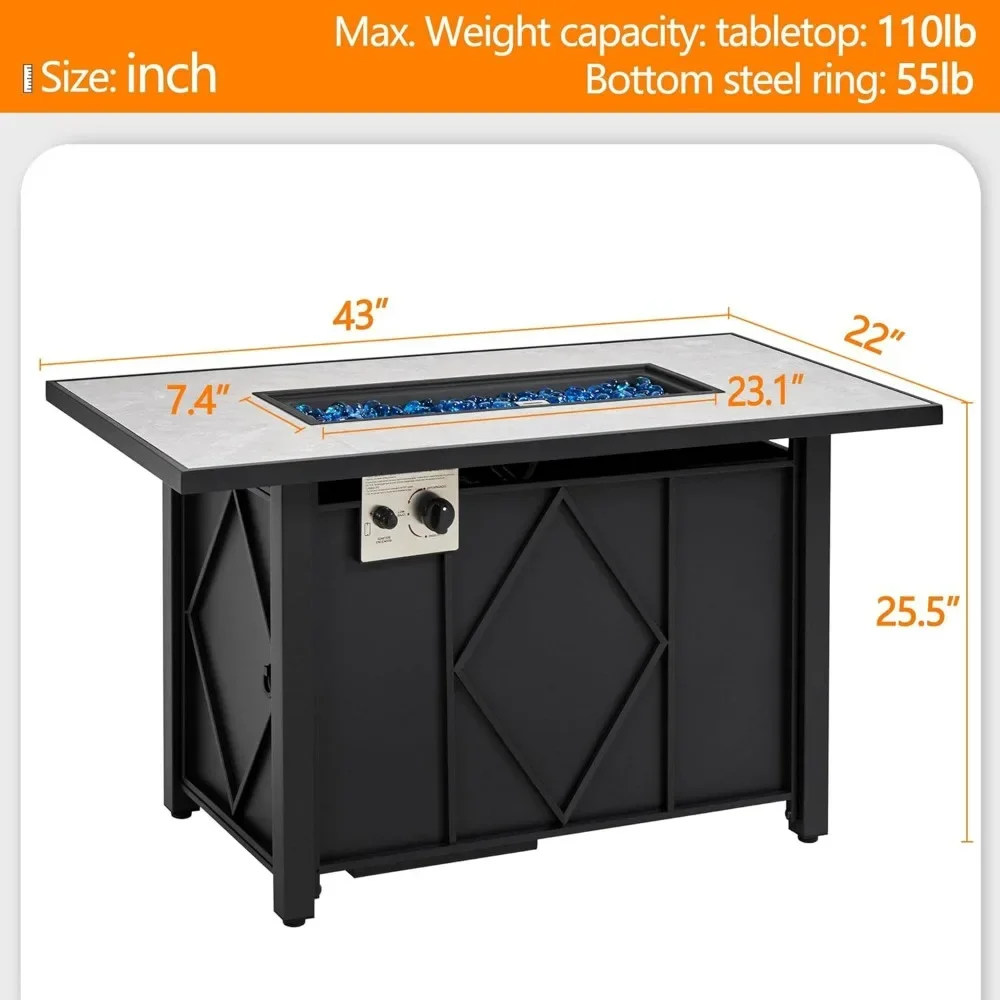 Propane Fire Pit 43 Inch Gas Fire Pit Table, Auto-Ignition 2 in 1 Gas Firepit with Ceramic Tabletop, Glass Stones, FirePits