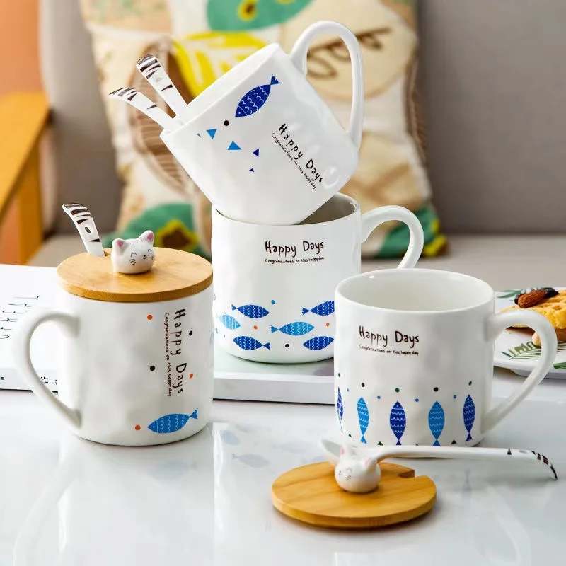 

Cartoon Ceramic Mug Creative Cat Fish Coffee Mug With Lid Spoon Teacup Drinking Cup Milk Beer Tea Juice Breakfast Cups Home Bar