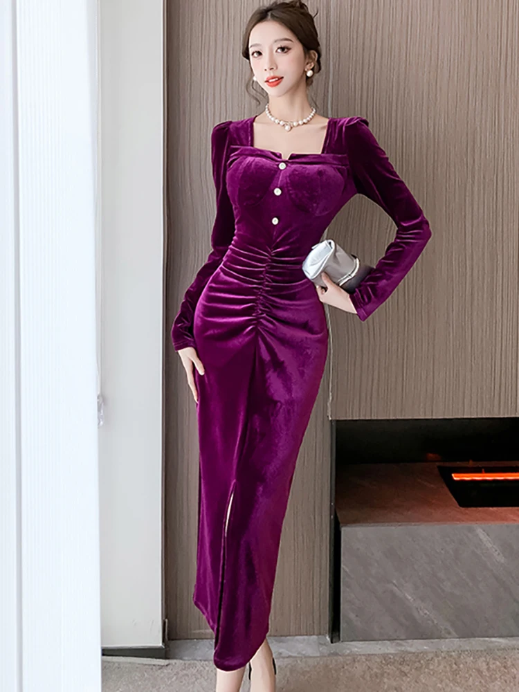 

Women Purple Velvet Square Collar Long Dress Autumn Winter Pleated Bodycon Luxury Night Dress 2023 Korean Elegant Chic Prom Robe