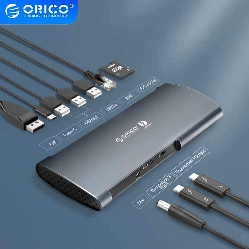 

ORICO 40Gbps TB3 Thunderbolt 3 Dock USB Type C HUB To 8K DP USB3.0 RJ45 SD 60W Charging Adapter for Macbook Pro PC Accessories