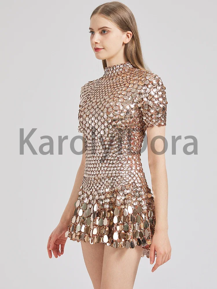 Sexy Khaki Shell Sequins Mini Dress Nightclub Dance High Quality Performance Clothing Bodysuit Birthday Red Luxury Dresses dance dress rhinestones dress sexy evening dress