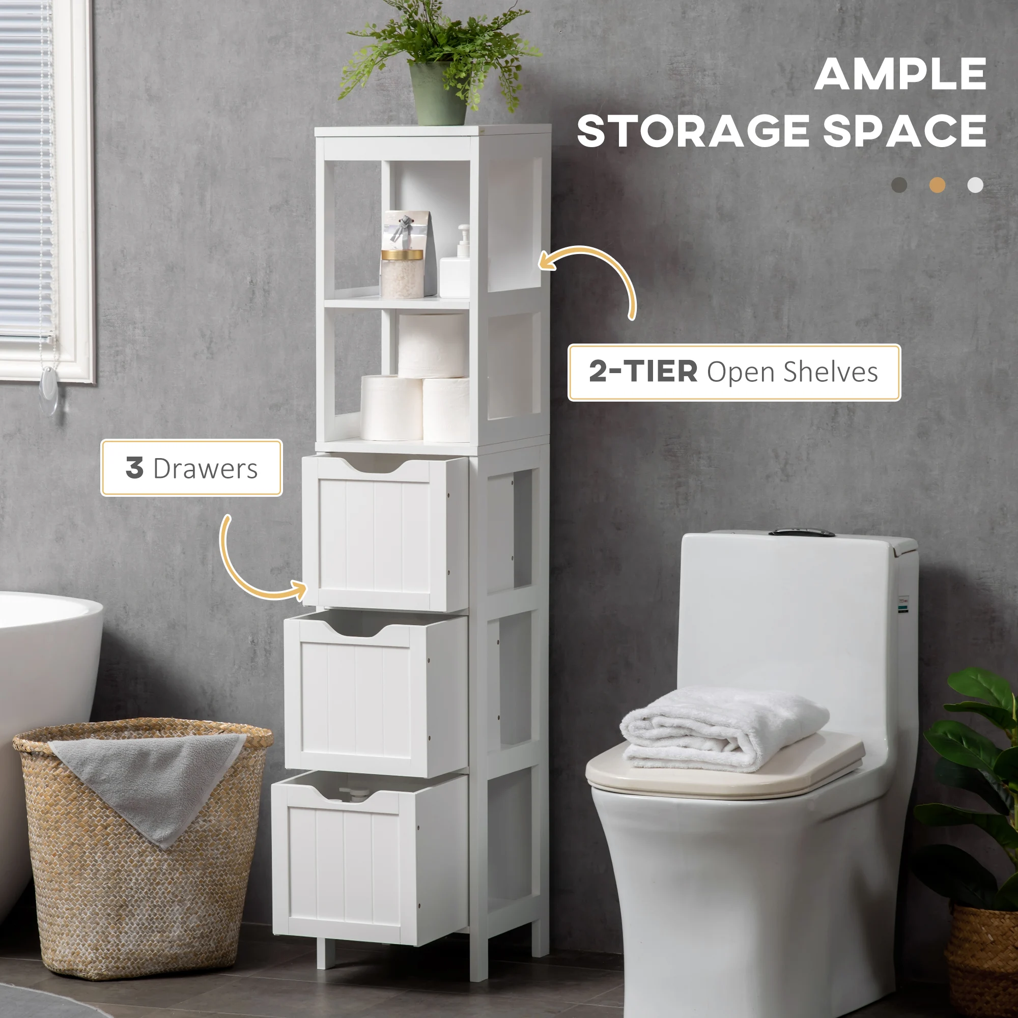 Kleankin Tall Bathroom Cabinet, Slim Bathroom Storage Cabinet, Narrow Floor Cabinet with 3 Drawers and 2 Open Shelves 4