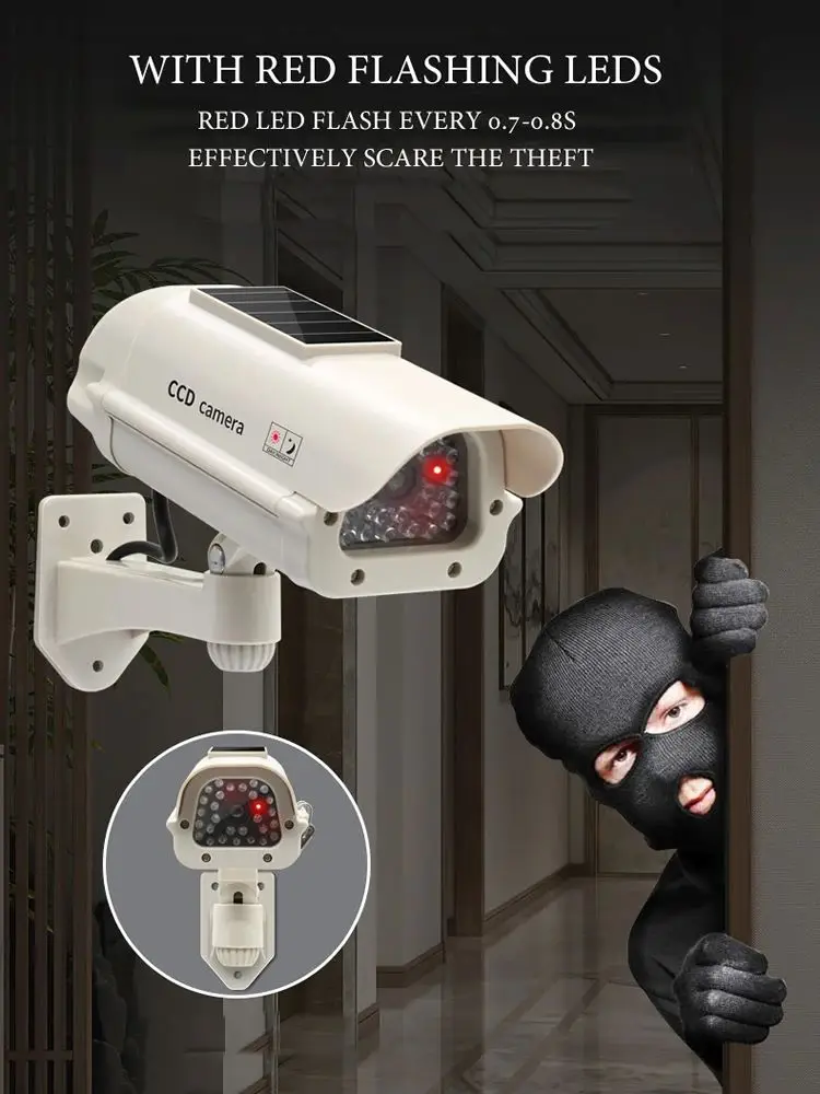 Solar-Powered Waterproof Dummy Security Camera with Red Flashing Light for Home and Office Surveillance