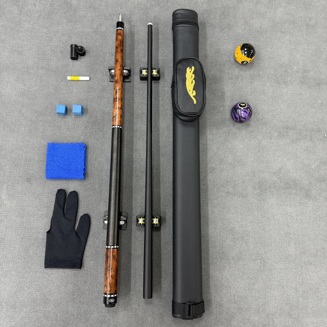 프리미엄 당구 큐 12.5mm 팁, 독특한 그립 & 밝은 반투명 샤프트, 레오파드 자수 가죽 케이스 + 풀 보너스 선물