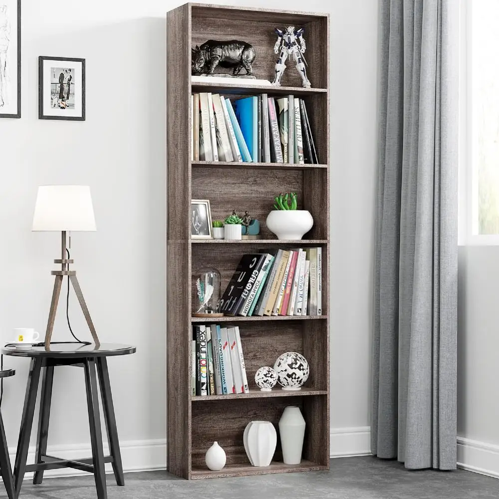 6 Tier Bookcase Standard Display Bookshelf E1 Grade Wood Home Living Room Office Storage Organizer Dark Oak Finish Stable 6
