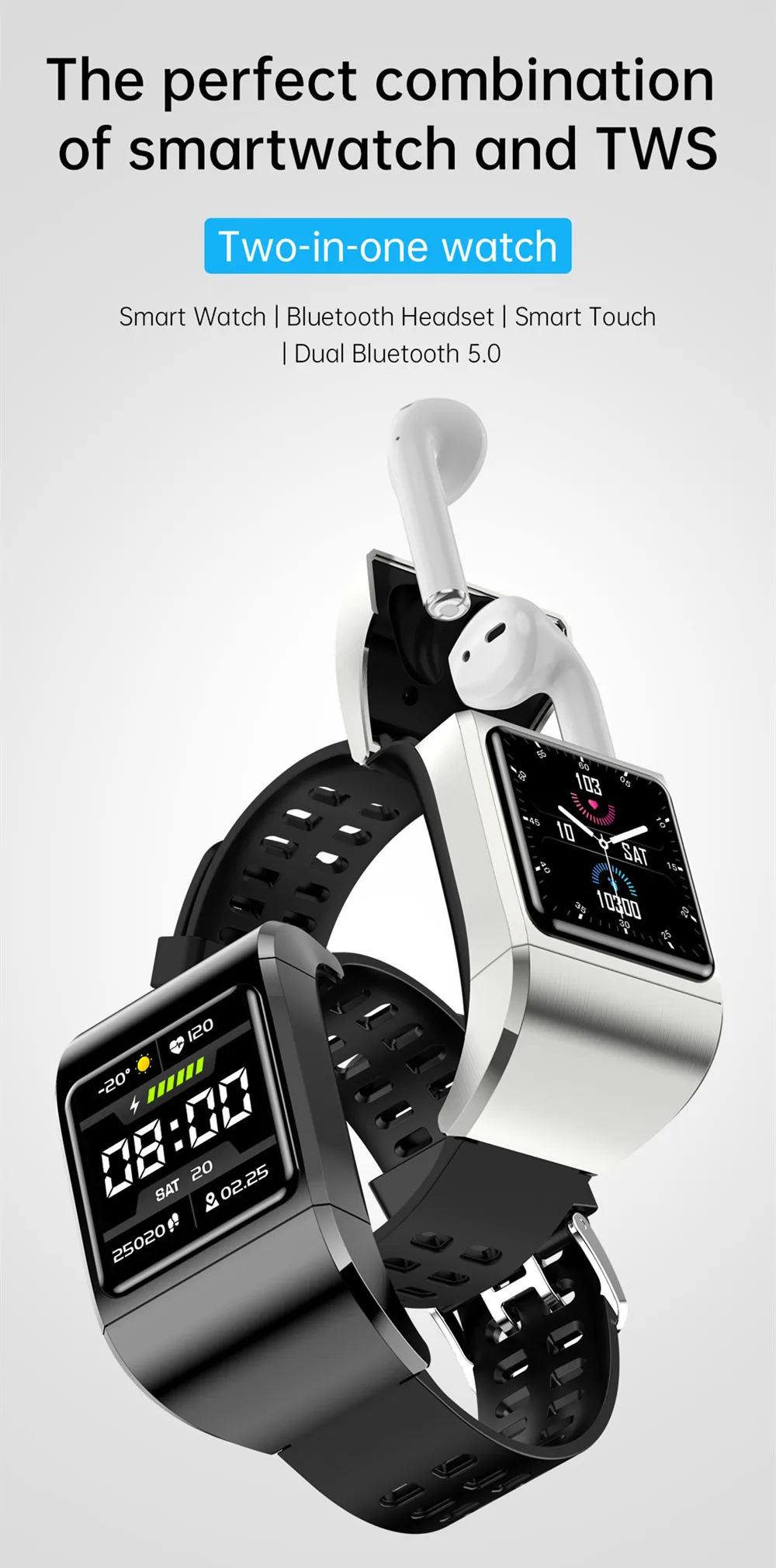 G36 New Smart Watch TWS Bluetooth Headset 2 In 1 Full Touch Screen 1.3 Inch Waterproof Sports Fitness Men Wristband Heart Rate