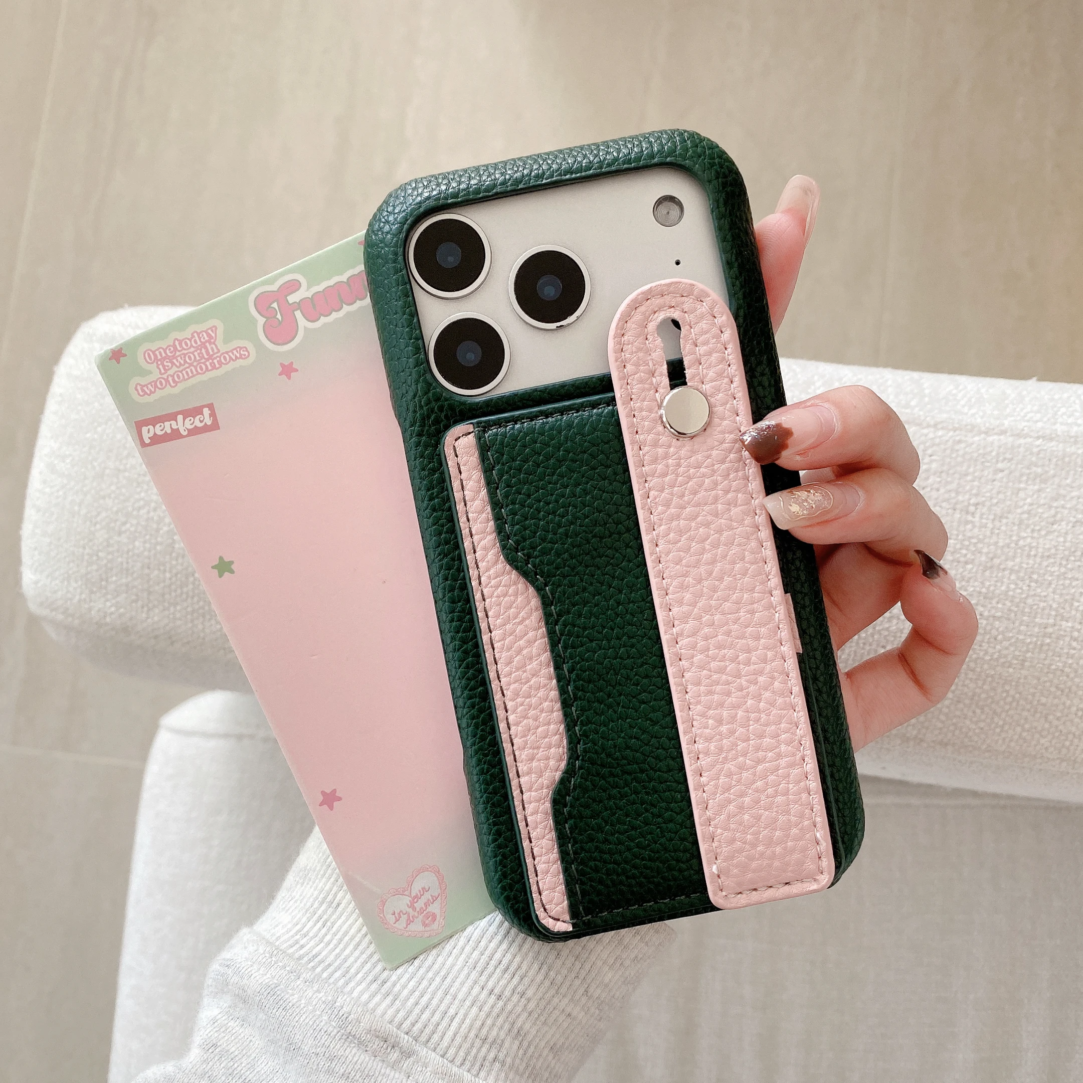 Dual-Tone Leather Shockproof Phone Case with Detachable Wrist Strap & RFID-Blocking Card Slot