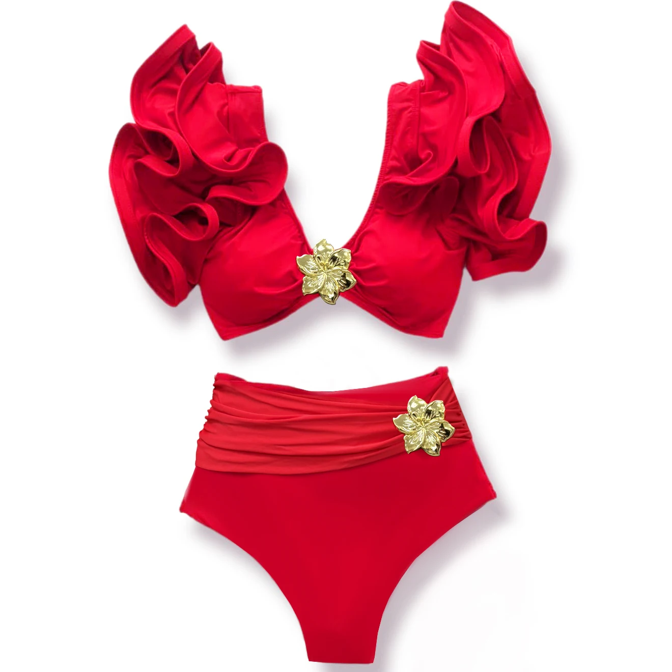 Sporlike V-Neck High Waist Bikini Sets Shoulder Ruffled Sexy Printed Swimsuit Two Pieces Swimwear Women women swimsuit women two piece sets
