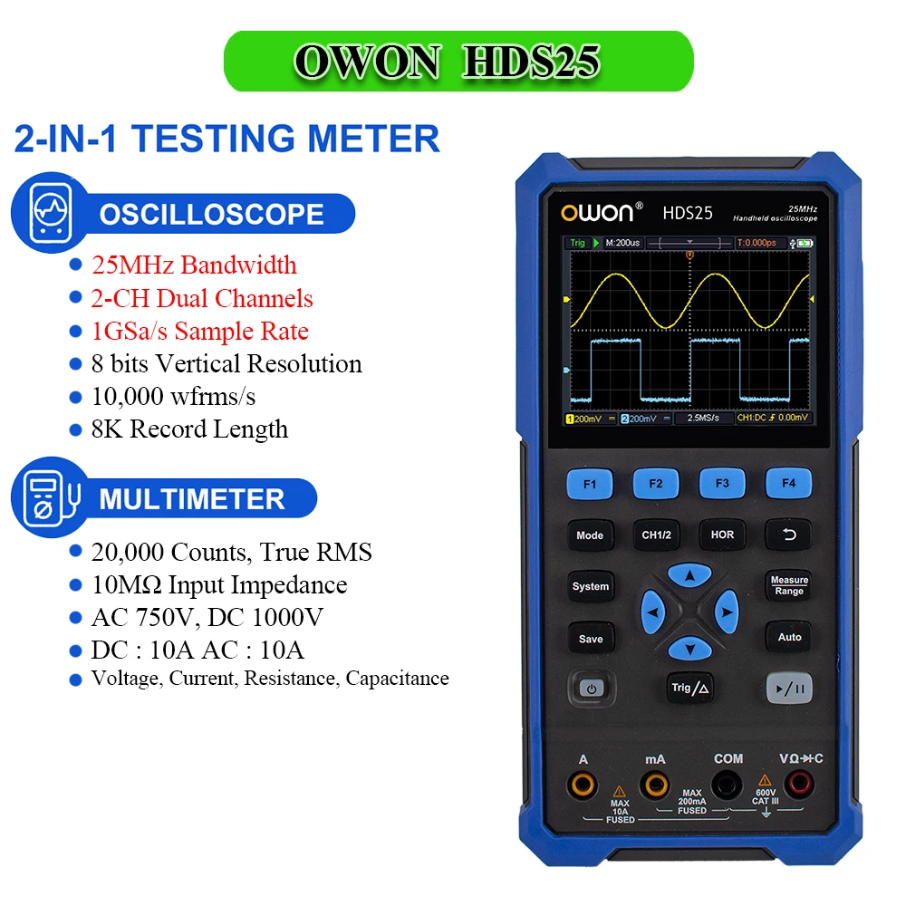 OWON HDS25 HDS25S Digital Oscilloscope 2CH 25MHz Bandwidth 250MSa/s 8Bits 20000 Counts True RMS Multimeter Handle Oscilloscopes
