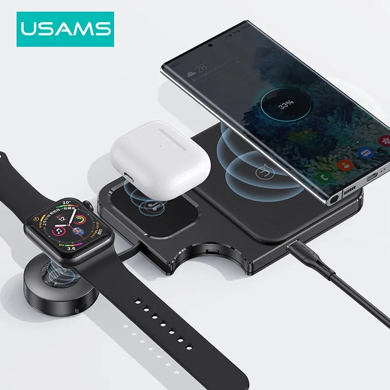 

USAMS 3 в 1 Беспроводное зарядное устройство для iPhone 15 14 13 12 AirPods для Apple Watch 15 Вт Быстрая зарядка Pad для наушников Xiaomi Samsung