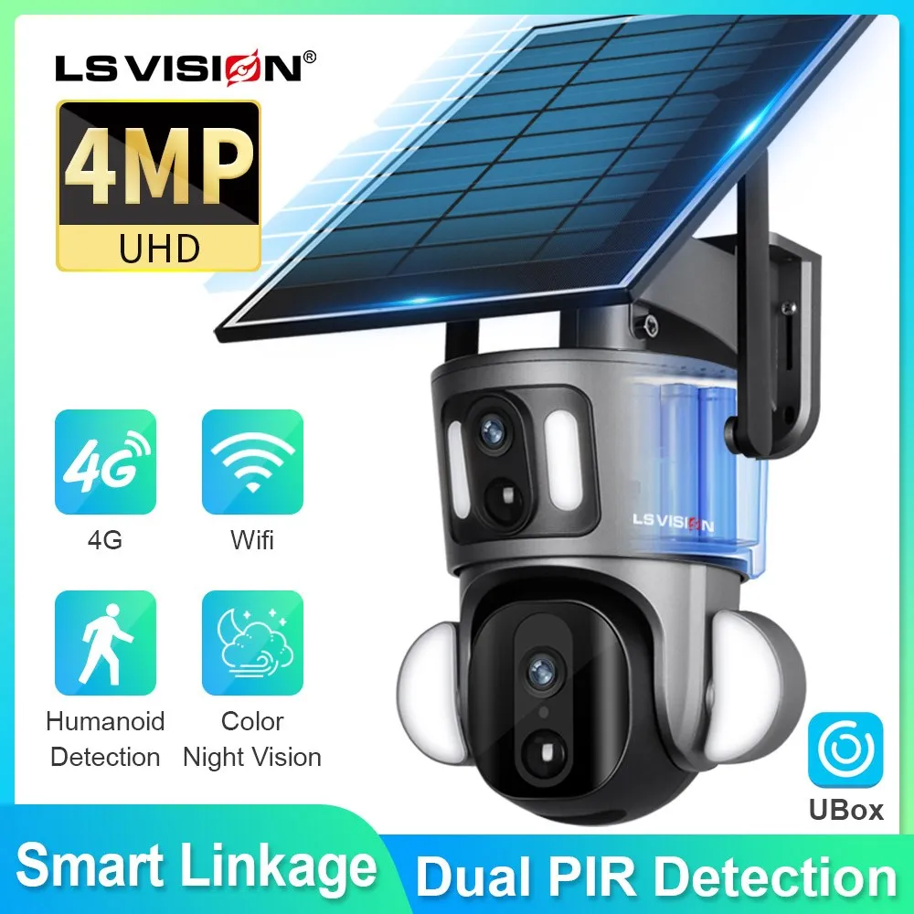 LS VISION 2K 4G Solar Security Camera 4MP Dual Lens ScreenWireless Outdoor WiFi Solar Panel PTZ Cctv Webcam Motion Dection Cam