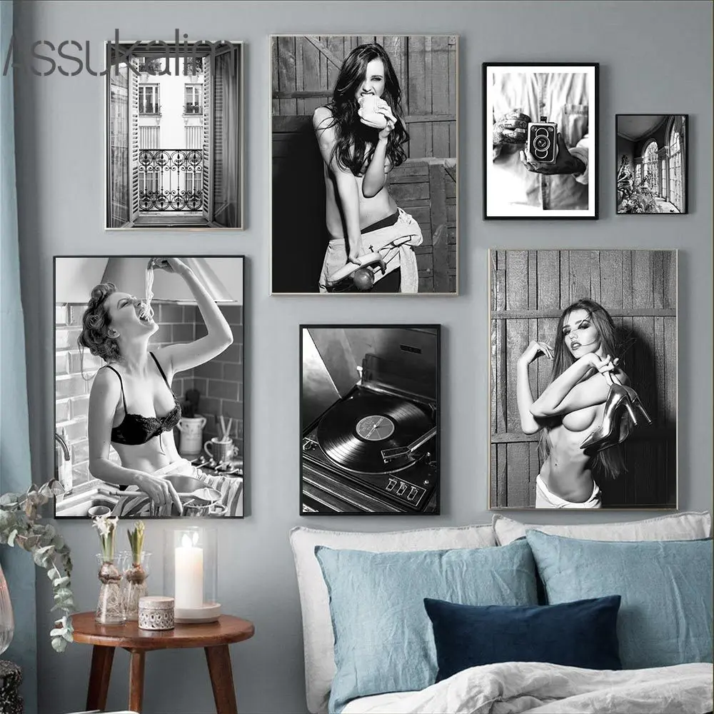 

Черно-белая Настенная картина, модная девушка, художественные принты, камера, холст, плакат, запись, печать, картины, скандинавские настенные плакаты, декор для комнаты для девочек