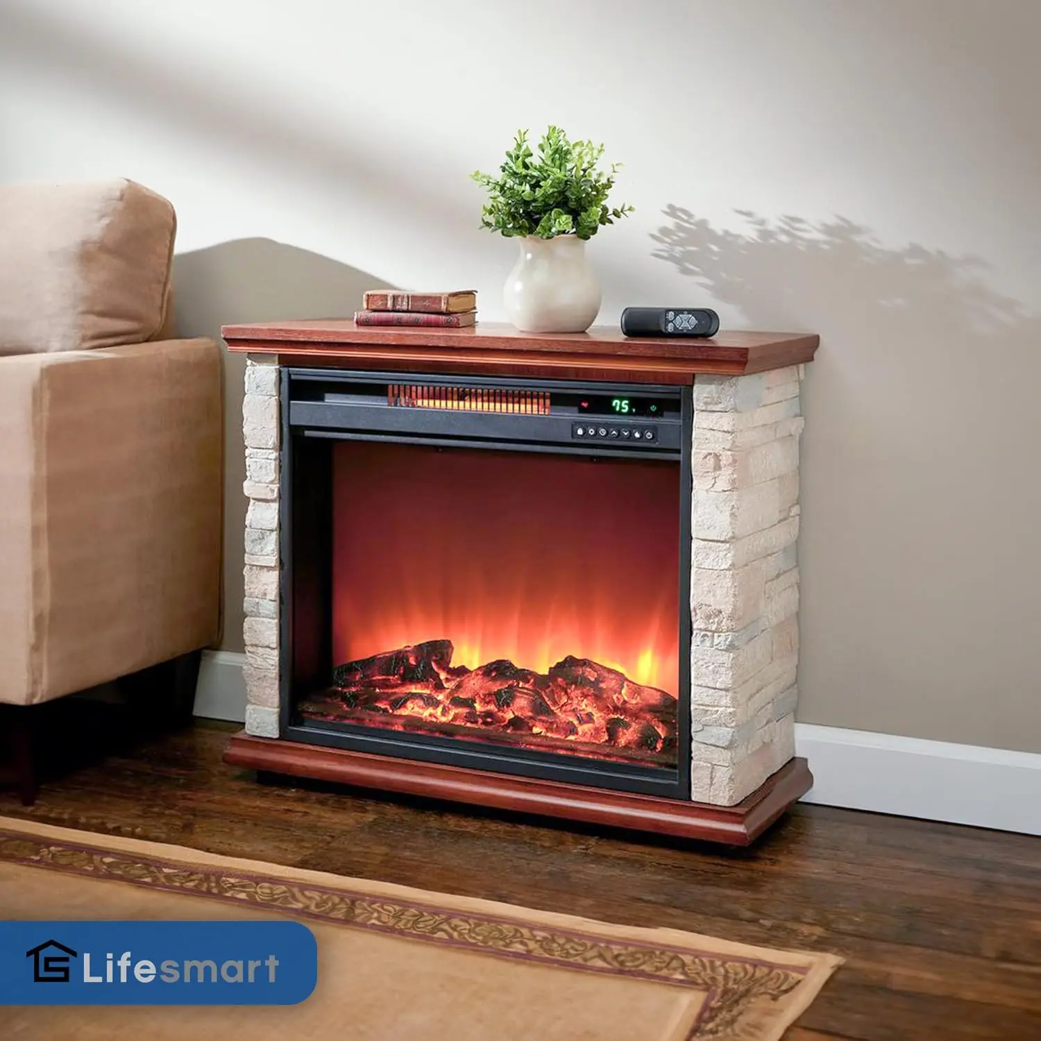 LifePro 1500Watt Electric Infrared Quartz Fireplace Heater for Indoor Use with 3Heating Elements and Remote Faux Stone &Oak Wood 5