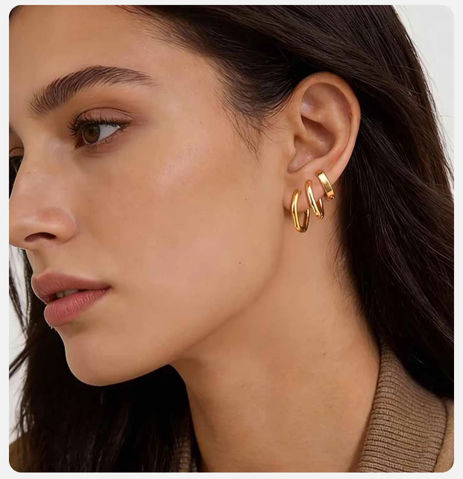 Vnox 6-teiliges Set Edelstahl-Ohrringe für Damen, Goldfarben, Unregelmäßige Creolen, Schmuckset – Detail 3