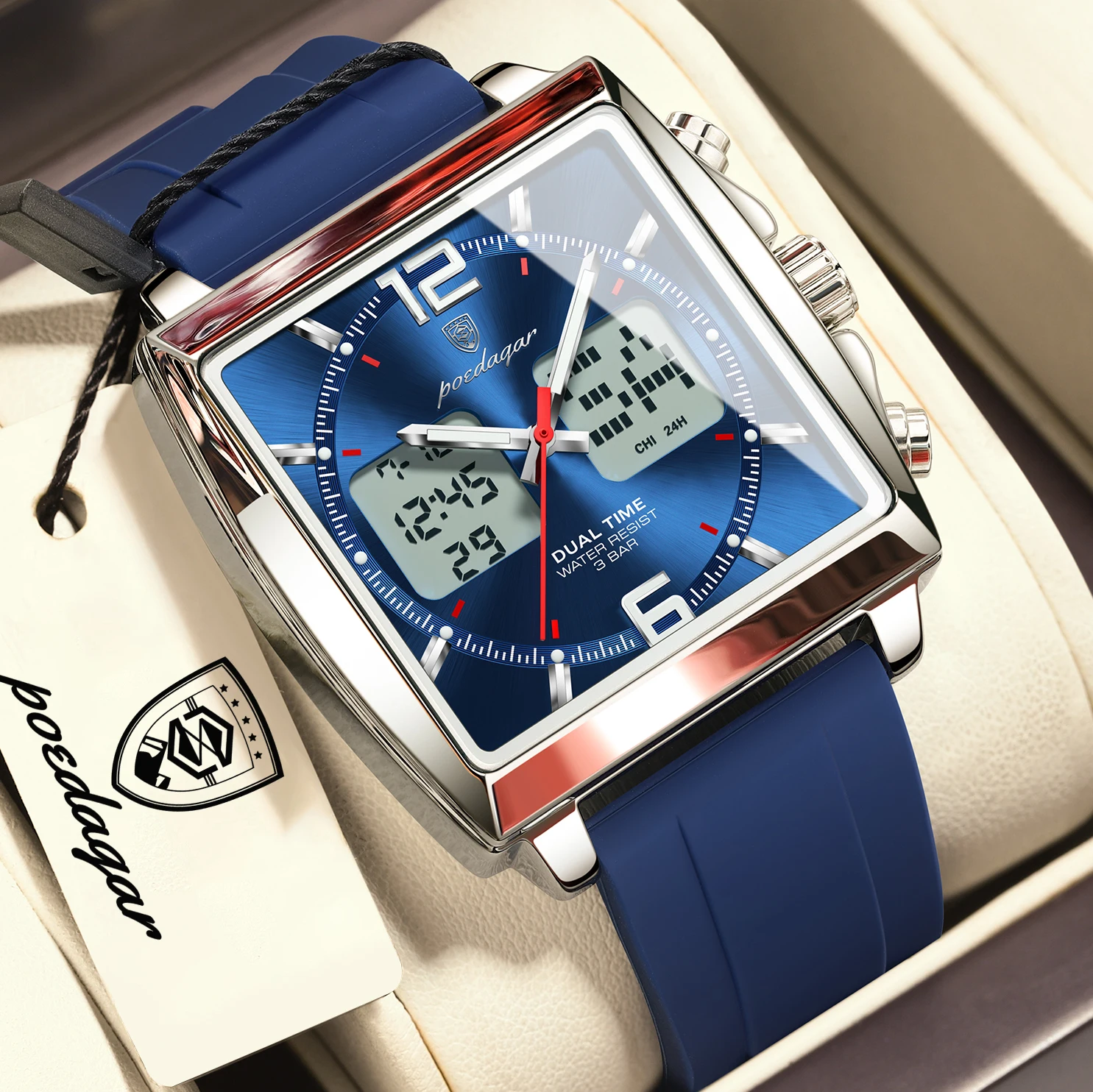 Poedagar Man Watch Electronic Square Led Alarm Chronograph Men's Watches Week Date Dual Time Display Men Quartz Wristwatch Reloj, Alina Gadgets